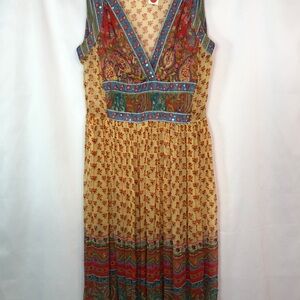 ECI Mustard Floral Midi Dress with Multicolor Paisley Sheer Trim Size 4